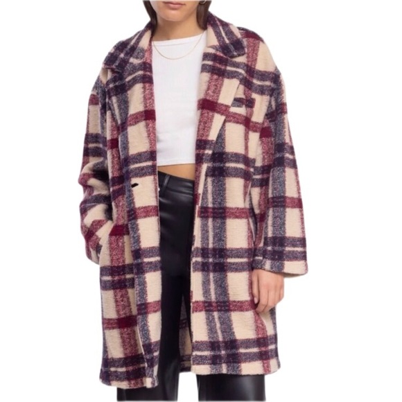 Blank NYC Go Ahead Teddy Red Cream Plaid Oversized Wool Blend Button Jacket Coat - Picture 1 of 11